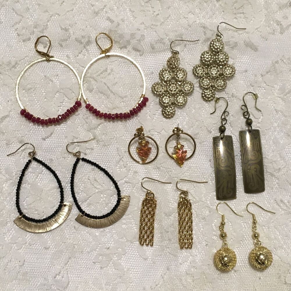 Earrings Lot Gold tone Dangly Pierced Beaded Gypsy Statement Earrings 7 pairs